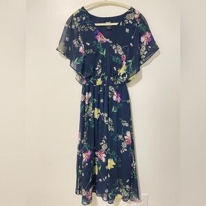 DKNY Navy Floral Chiffon Midi Dress Women’s Size 6 Lined Flutter Sleeves Elastic